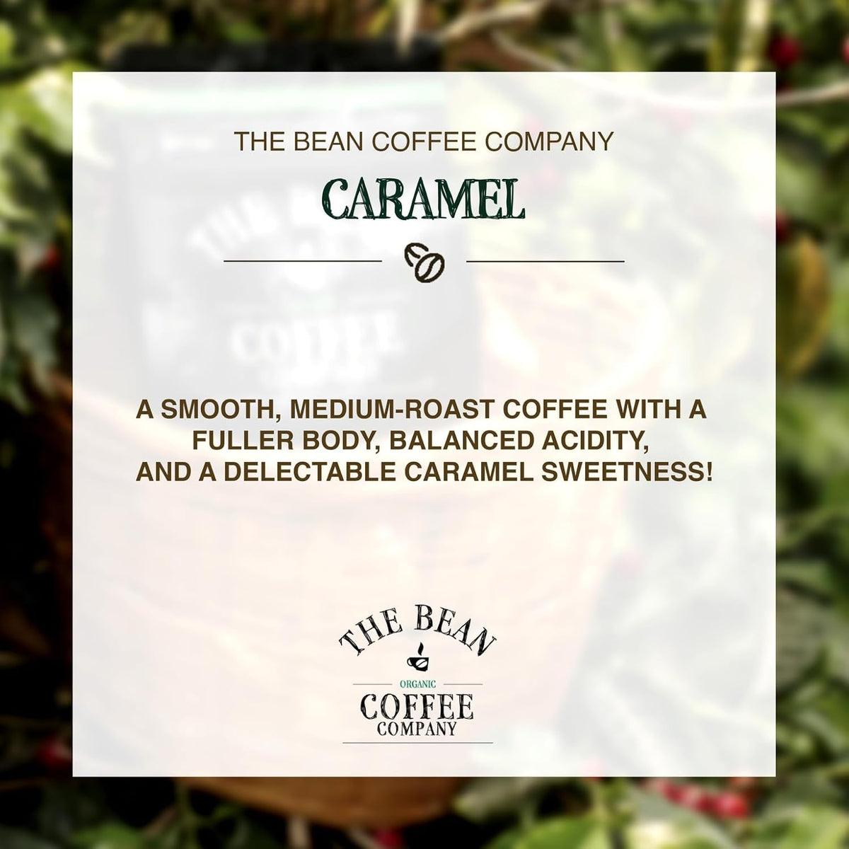 The Bean Organic Coffee Co. Caramel, Medium Roast, Ground, 2 x 1 lb | Sweet, buttery caramel over a medium roast. Organic ground coffee. 2 x 1 lb.