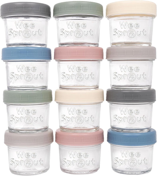 WeeSprout Glass Baby Food Storage Jars w/Lids (4 oz, 12 Pack Set) Snack, Puree, Reusable Small Containers, Breast Milk, Fridge or Freezer, Microwave &amp; Dishwasher Safe, Essential Must Have for Infants