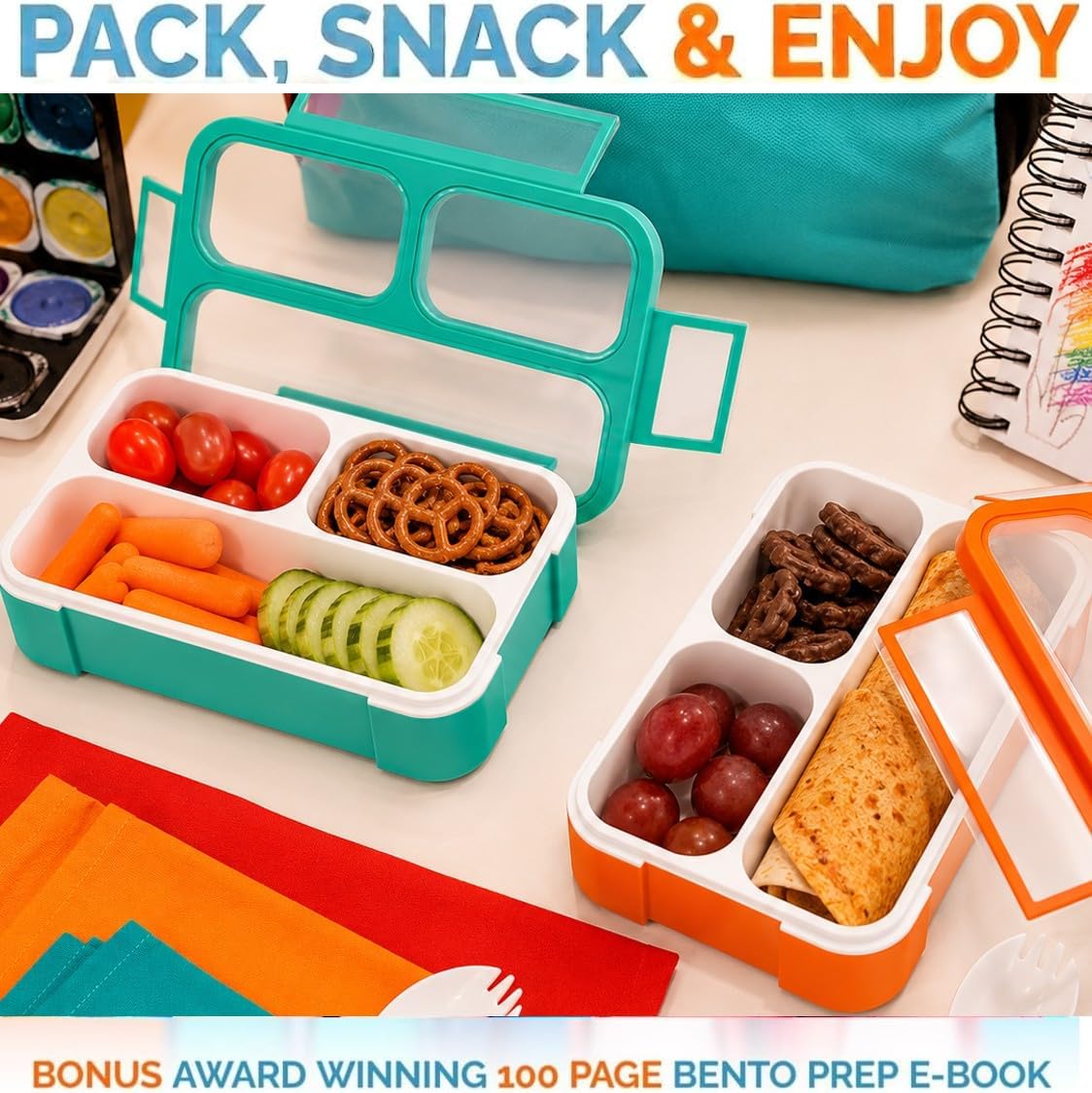 kinsho Snack Container Boxes for Kids Toddlers, 2 Pack Teal Blue &amp; Orange | 3 Compartments, Leak-Proof, Spill Proof, BPA-Free Reusable Small Mini Bento Lunch Box for Daycare School Travel, Holds 2 Cups