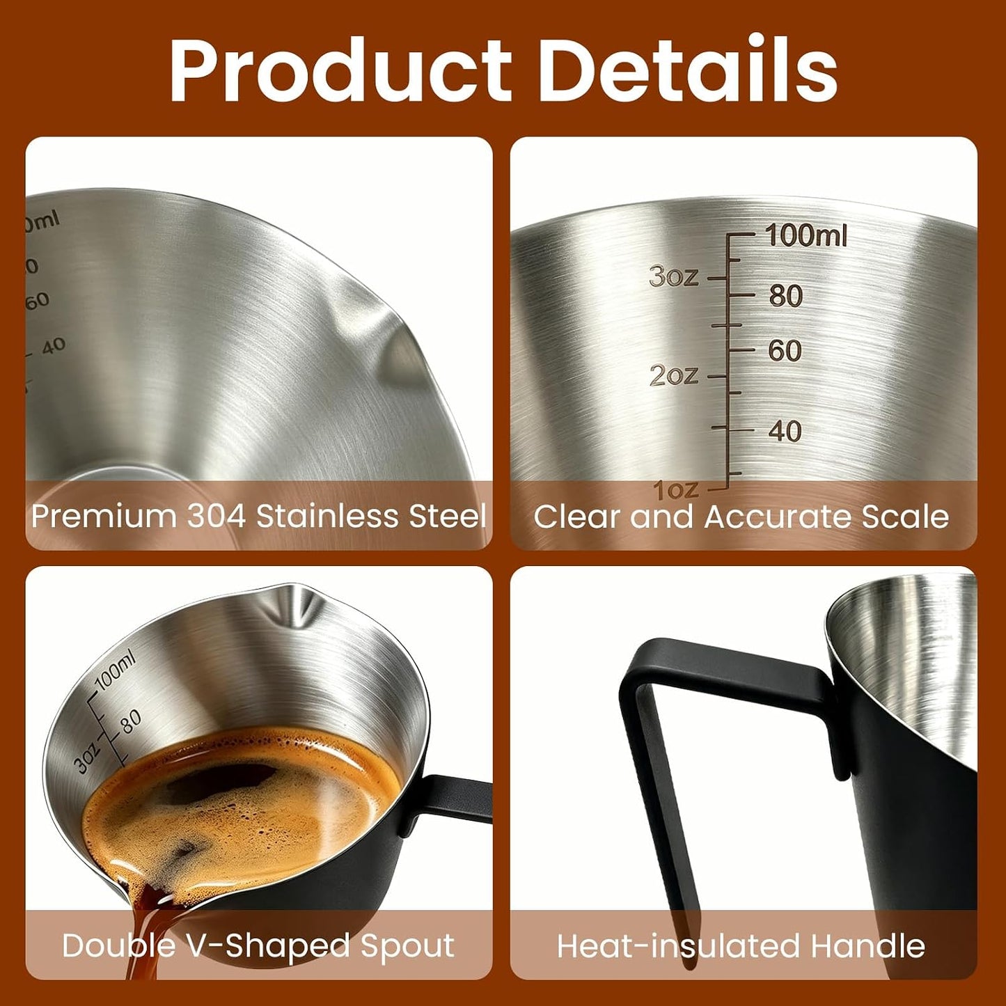2 Pc Stainless Steel Espresso Shot Cups, 3.4oz/100ml, Black | Double Spout Measuring Cups with Handle, V-Shaped Mouth, Ideal for Espresso Brewing and Coffee Making