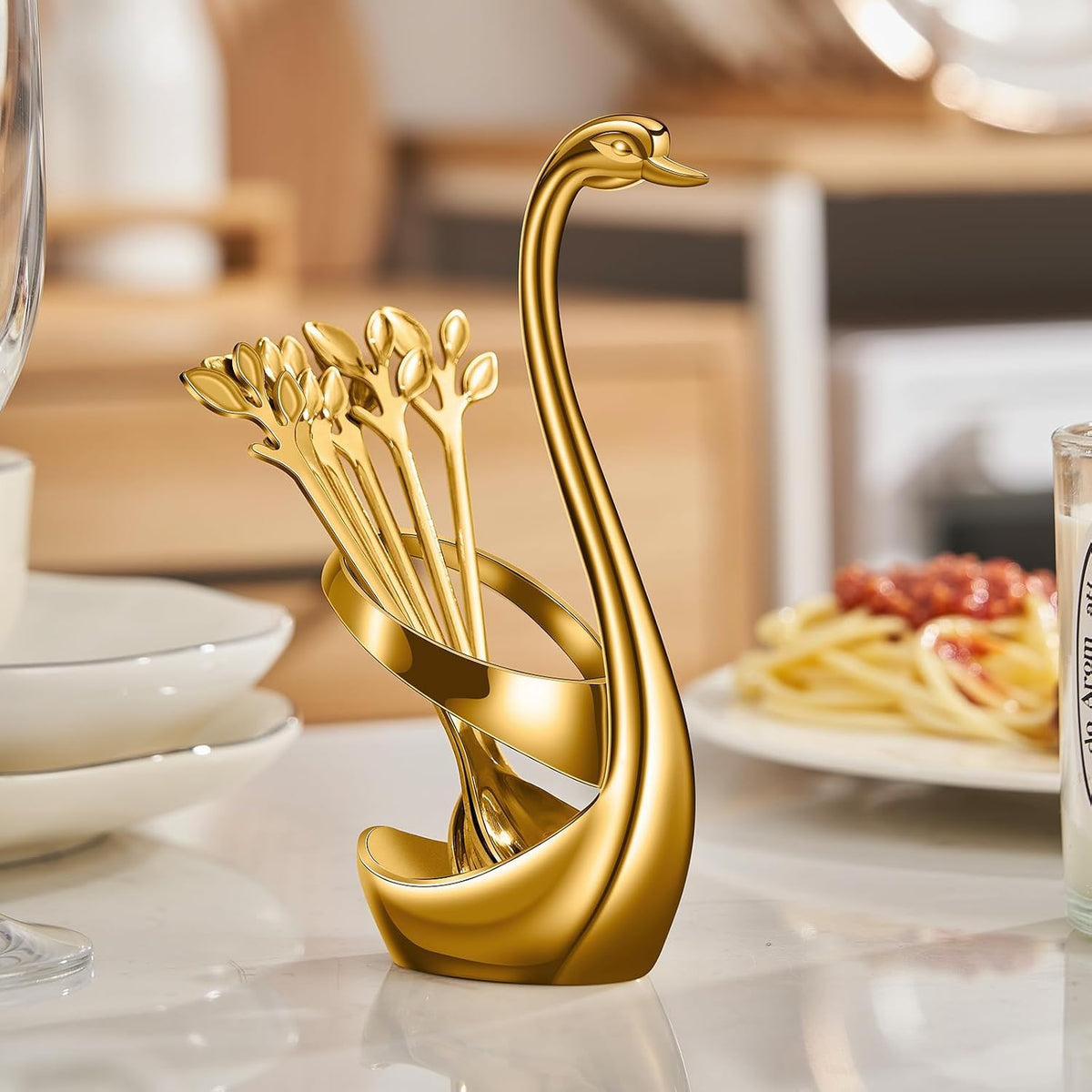 AnSaw Gold Swan Base With 10-Pcs Mini Leaf Coffee Spoon Holder Set - 4.7" | Stainless Steel Leaf Handle Spoons,Small Spoons,Espresso Spoons,Tea Spoons,Dessert Spoons,Demitasse Spoons