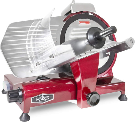 KWS MS-10XT Premium 320W Electric Meat Slicer 10-Inch in Red with Non-sticky Teflon Blade, Frozen Meat/Deli/Cheese/Food