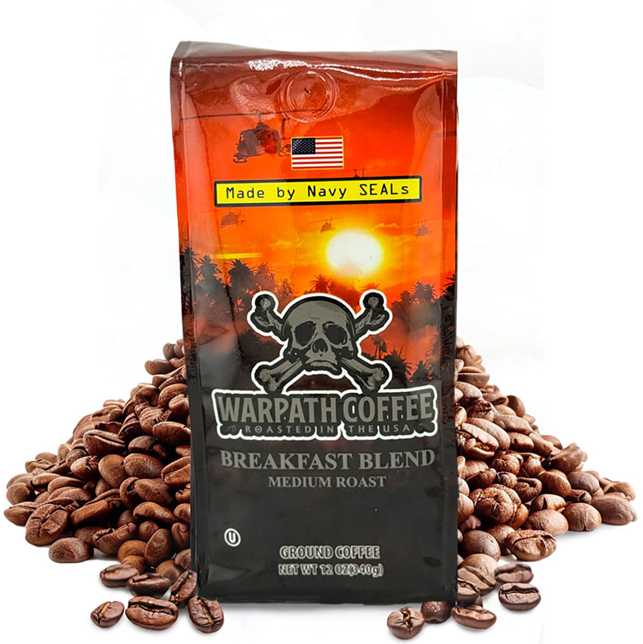 Warpath Coffee Breakfast Blend Medium Roast Whole Bean Coffee, 12 oz | 100% Arabica Whole Beans, High Caffeine, Extra Strong Roast, Rich Aroma, Full-Bodied Cup, Created By Navy Seals