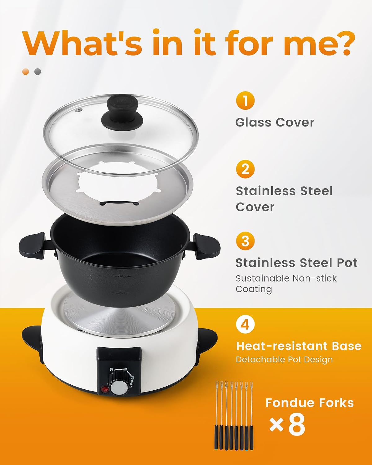 3-Quart Electric Fondue Pot Set – Stainless Steel Fondue Pot with 8 Color-Coded Forks, 3-Mode Adjustable Temperature Control for Cheese, Chocolate, Oil, and Hotpot, Model FD-10B