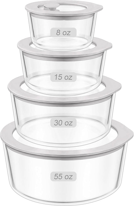 Glass Food Containers with Glass Lid, Microwave Safe Food Storage Container, Large 4 Pack Round Shape, Food Containers with Lids, Meal Prep containers with Leak Proof Lid.