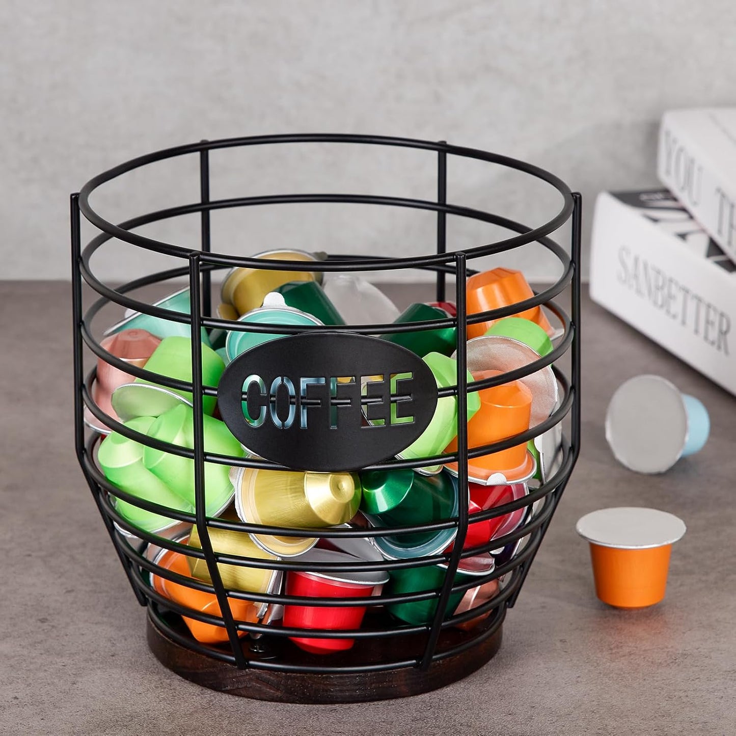 Yangbaga Large Coffee Pod Holder: Black Wire K-Cup Holder with Wood Base | 3L Large Capacity-Stainless Steel Basket Bar Decor-Multi-Purpose Storage-Easy Clean- Fit for Coffee Bar/Pod/Capsule/Station