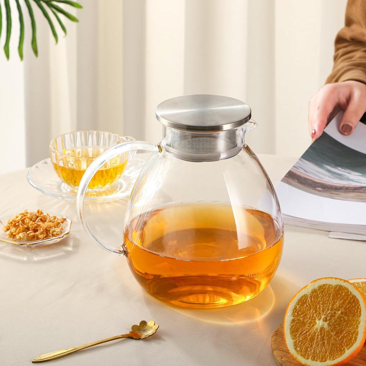 68OZ/2000ML One Touch Glass Teapot with Stainless Steel Filter Lid, Stovetop &amp; Microwave Safe Tea Maker Water Kettle, Strainer &amp; Cover 2 in 1 Loose Leaf Tea Steeper Pot Coffee Carafe