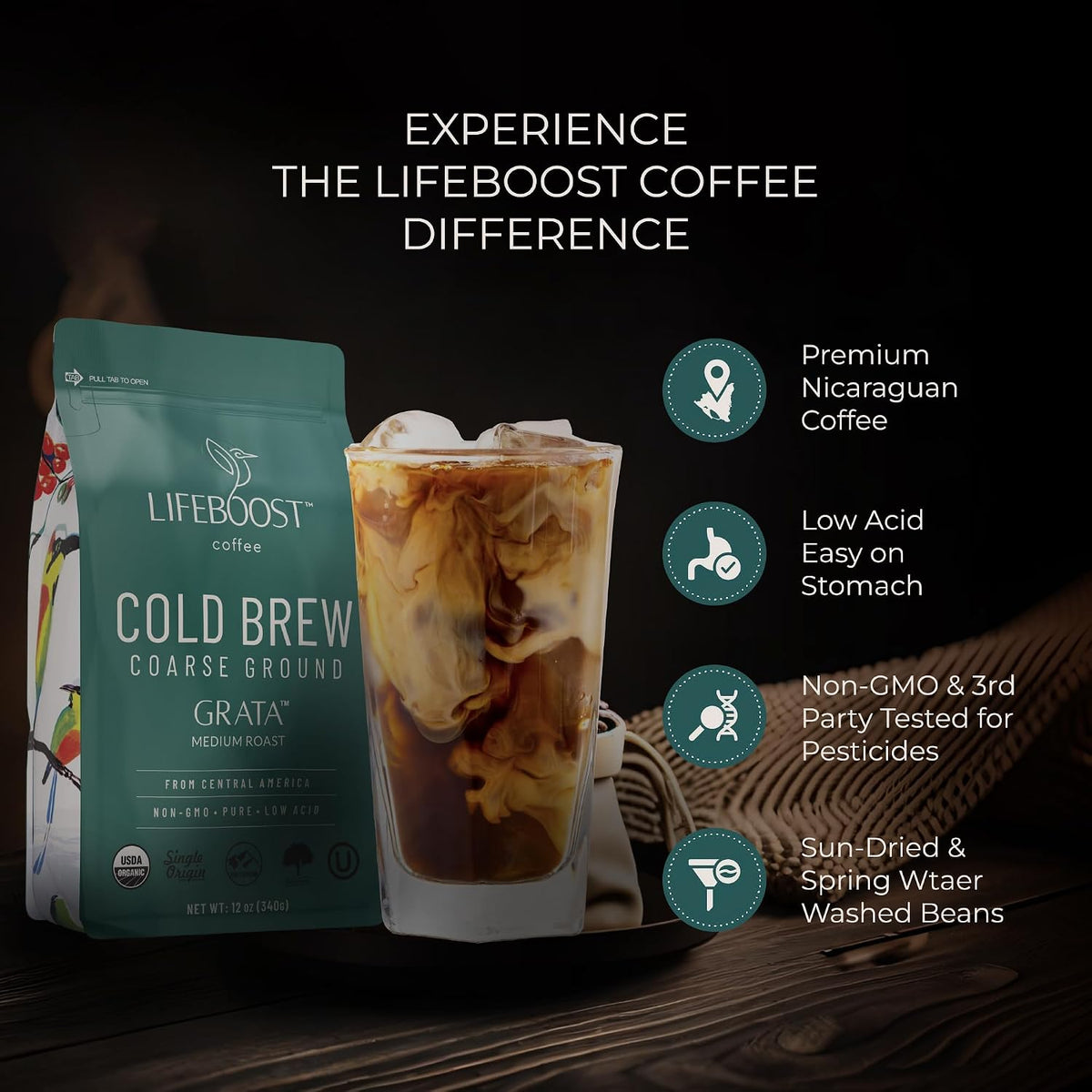 Lifeboost Low Acid Cold Brew Coffee, Organic Coarse Ground Medium Roast, 12 oz