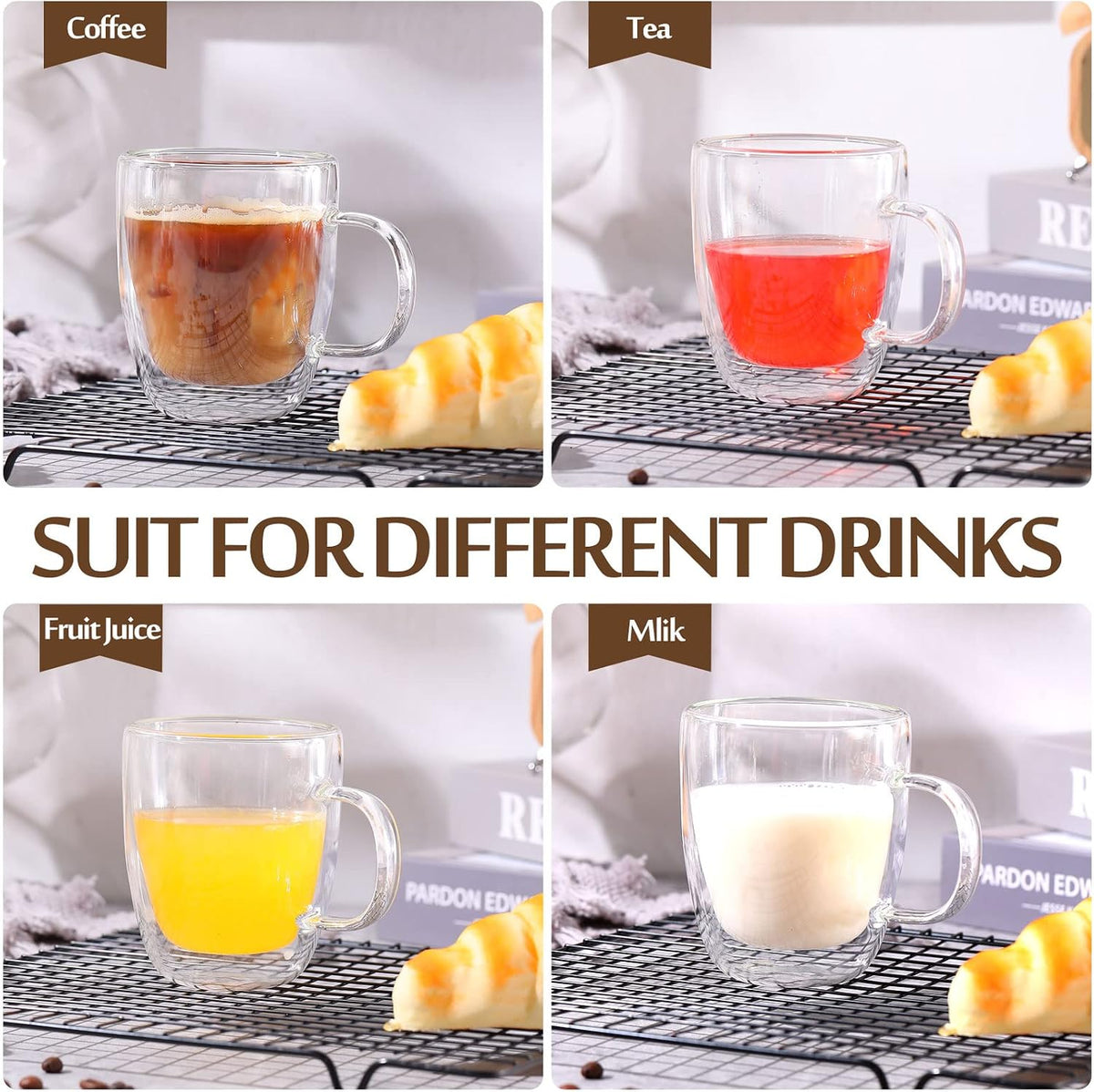 Gerrii Espresso Cups Double Walled Espresso Shot Glass with Handle Cups Insulated Clear Small Shot Glasses for Cappuccino Latte Hot Beverage (12 oz,Flat Bottom,8 Pcs)