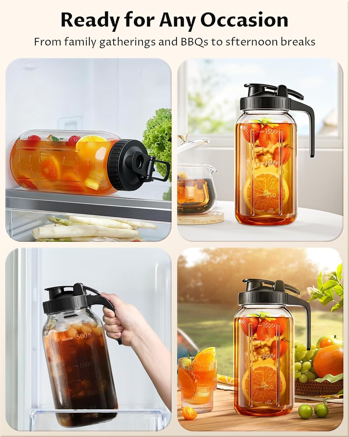 64oz Mason Jar Pitcher, Glass Pitcher with Lid for Tea &amp; Cold Brew | Mason Jar, BPA Free, Leakproof, Fridge/ Dishwasher safe, Ergonomic handle, Flip-cap pour spout, Wide mouth, Versatile