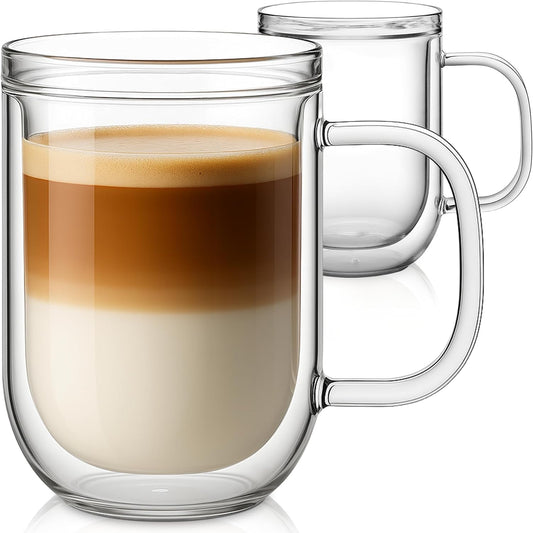 Aquach 16 Oz Double Walled Glass Coffee Mugs, Clear Glass Coffee Tea Cups, Microwave and Dishwasher Safe Home Office