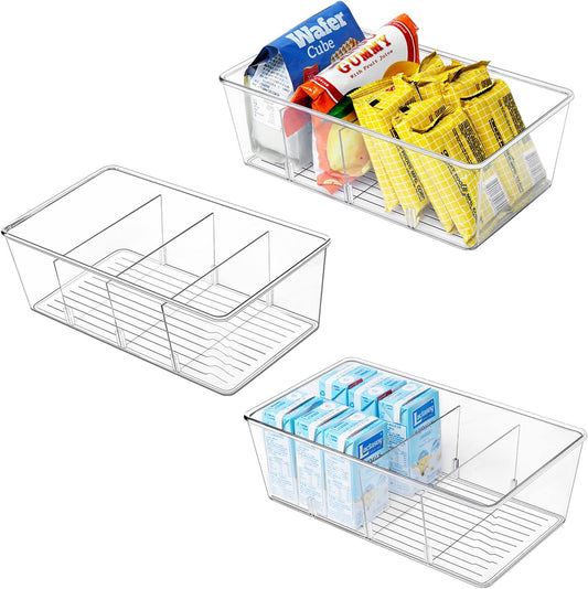 wilfox Pantry Organizer, 7 Pack Clear Organizer Bins with Removable Dividers, Pantry Organizers and Storage, Fridge Organizer and Cabinet Organizer for Snack, Pouches, Spice Packets