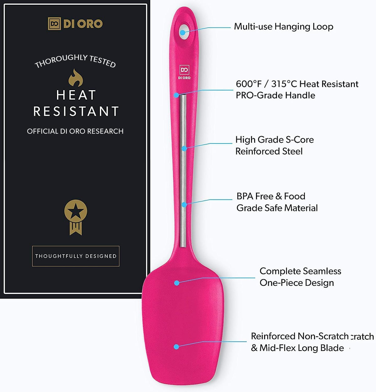 DI ORO Silicone Spoon Spatula - 600°F Heat-Resistant Large Silicone Spoonula Scraper - BPA Free Nonstick Cookware Safe Rubber Kitchen Utensil for Baking, Cooking, & Mixing - Dishwasher Safe (Magenta)