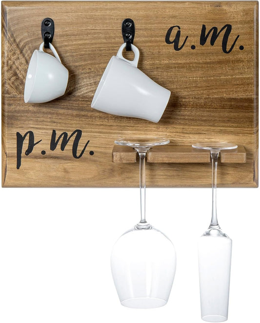 MyGift Premium Solid Acacia Wood Wall Mounted Mug and Wine Glass Holder Rack – Rustic Coffee and Wine Bar Organizer with