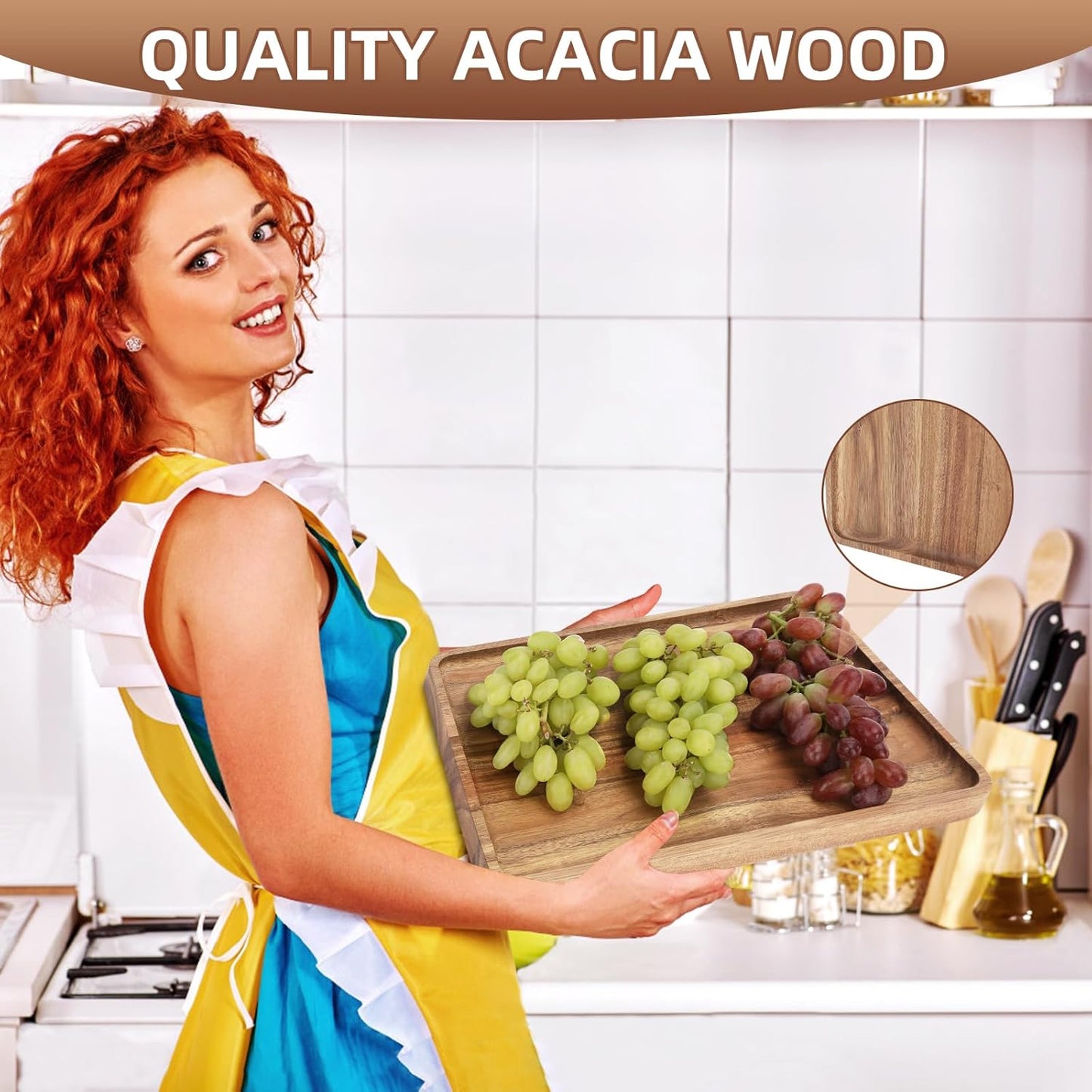 2 PCS Solid Acacia Wood Serving Trays 13 * 9 inch Rectangular Wooden Serving Platters Natural Wooden Boards for Bar Coffee Party（Wood Log Color）