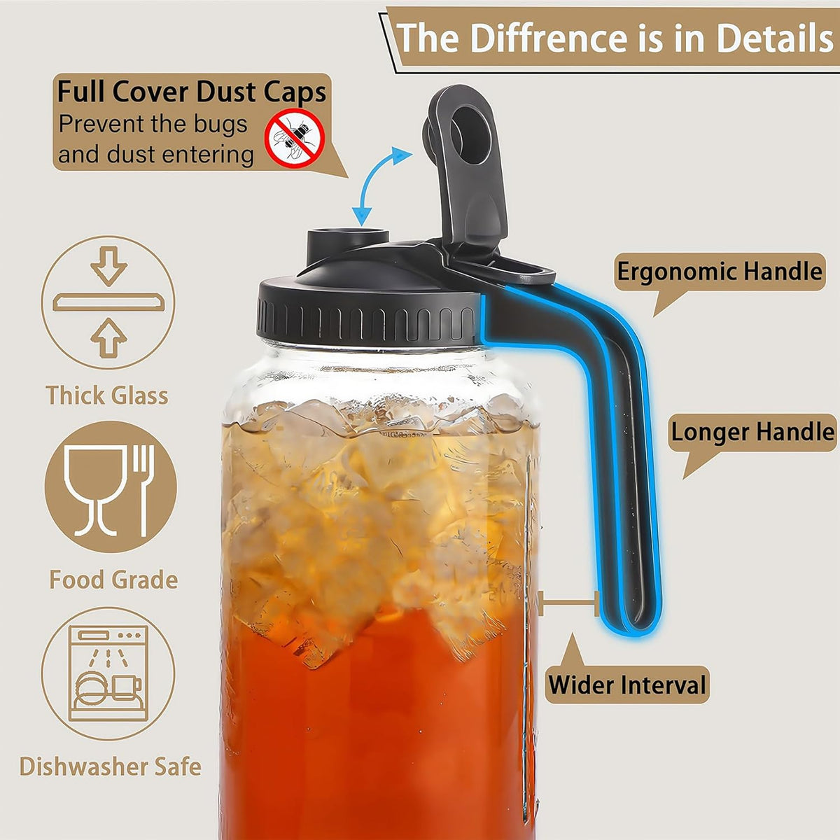 64oz Glass Pitcher with Handle and Lid, 2 Quart Mason Jar Pitcher - Airtight & Leakproof Water Jug with Pour Spout Lid, Glass Containers for Fridge, Perfect for Juice, Cold Brew, Iced & Sun Tea