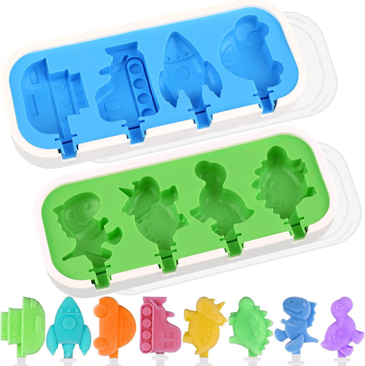 Sakolla 2 Pack Silicone Popsicle Molds with Sticks & Lid, 4-Cavity Mini Popsicle Molds for Kids - Cars, Ships, Train, Rocket