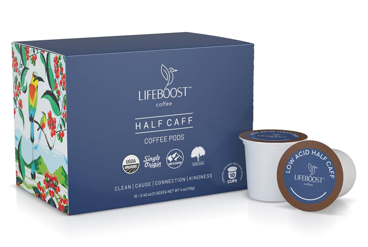 Lifeboost Half Caff Coffee K Cups - Low Acid Half Caff Coffee Pods - Non-GMO Mold Free Pods Compatible with Keurig &amp; Keurig 2 - Third Party Tested for Mycotoxins and Pesticides - 10 Count