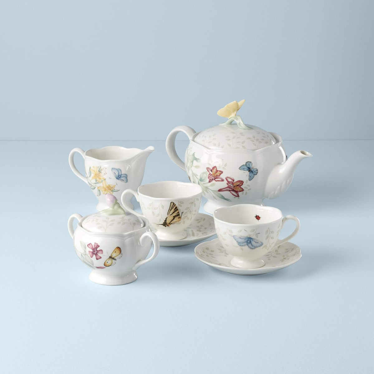 Lenox Butterfly Meadow Porcelain Teapot and Tea Cup Set, 9-Piece, 48oz | dishwasher safe | includes creamer, sugar bowl, 2 teacups, 2 saucers | floral tea party gift | 48oz, gift for women