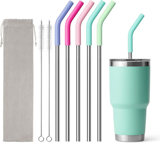 Stainless Steel Straw for 30 oz YETI Tumbler, 9.5in Metal Straight Straws Reusable with Silicone Tip for Milk, Juice, Cola,