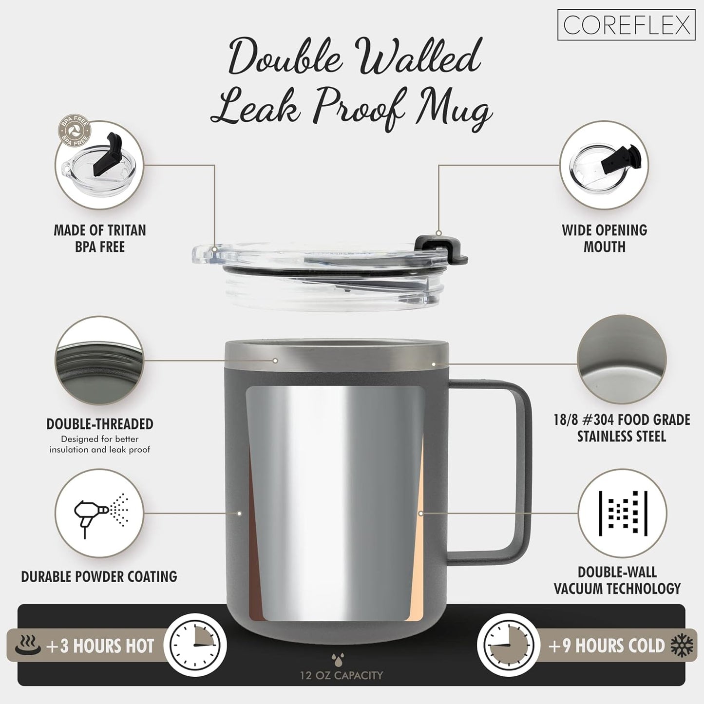 COREFLEX 12 oz Insulated Coffee Mug with Handle & Lid, Stainless Steel Double Walled Vacuum Insulated Tumbler, Travel Coffee Cup Thermal Cup - Home, Office, Travel, Outdoor, Camping