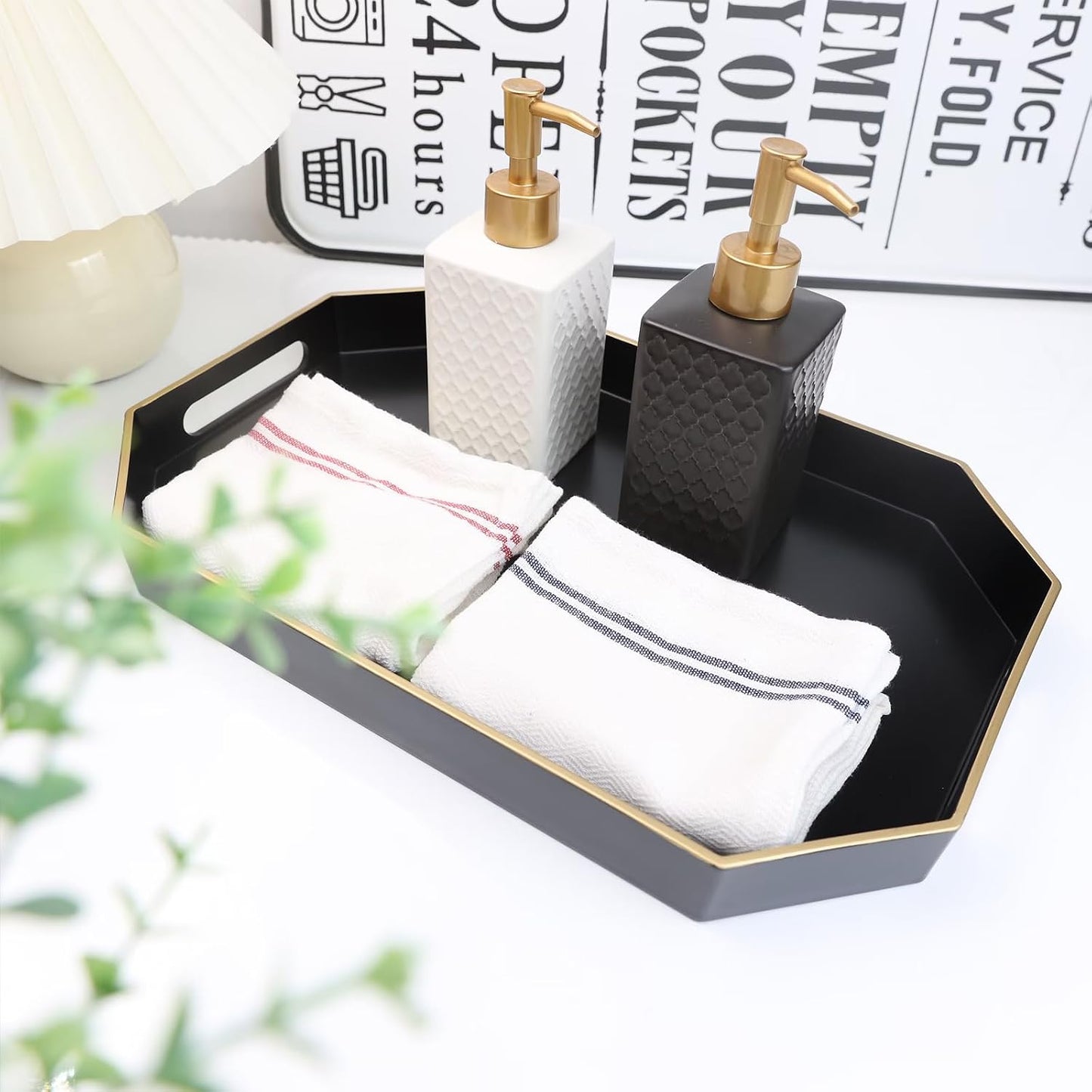 Black Decorative Tray with Handles, Octagon Versatile Serving Tray for Coffee Table, Ottoman, Ideal for Serving, Displaying, Organizing | Decorative Tray, Serving Tray for Displaying, Organizing, 15.7"*10.2"*1.57"
