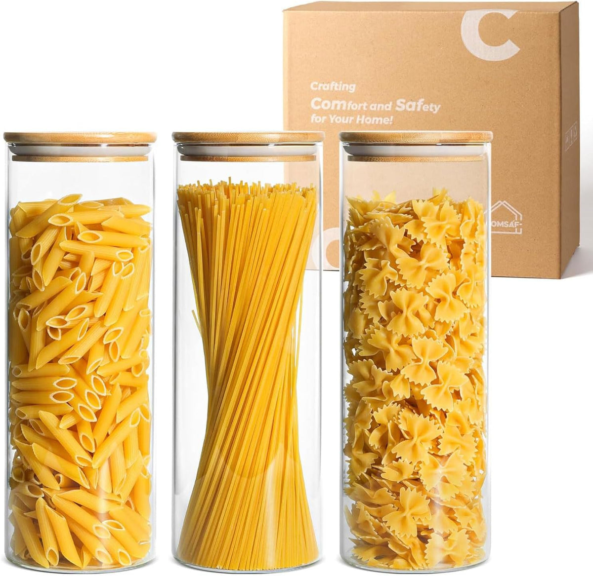 ComSaf Pasta Containers Storage 2 Qt, Spaghetti Container, 3 Pack Glass Jar