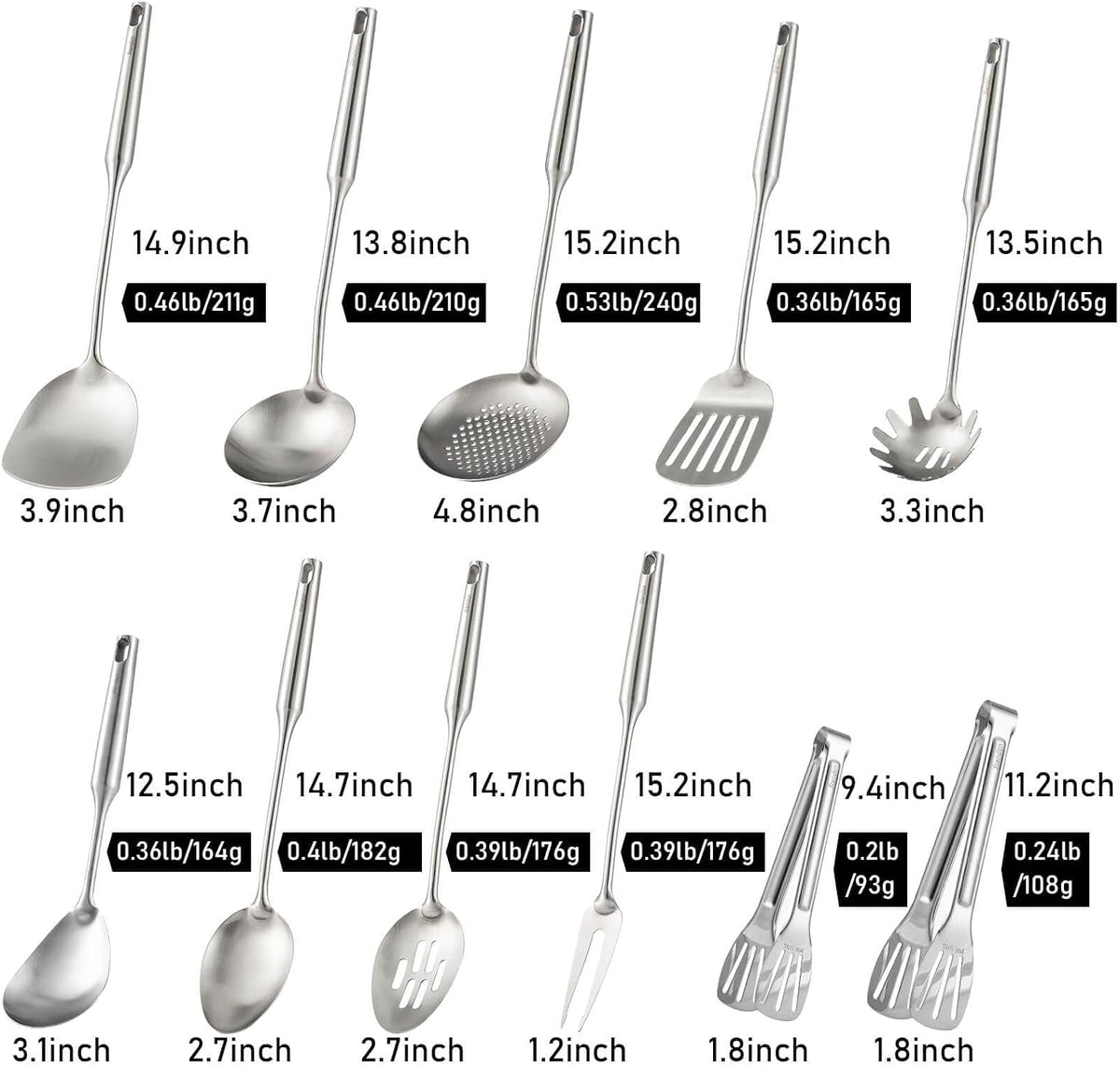 18/10 Stainless Steel Cooking Tools Set - 11PCS All Metal Kitchen Utensils | Round Handle Utensils - 2 Tongs, Fork, Solid Slotted Spoon, Spatula, Soup Ladle, Skimmer, Turner, Spaghetti, Large Spoon