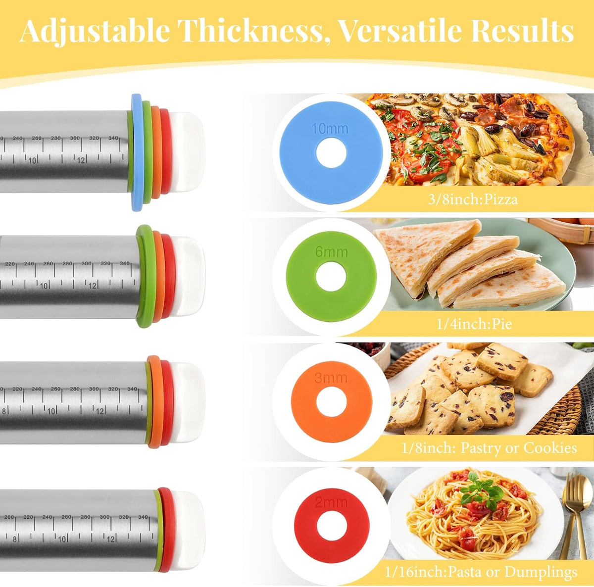 Adjustable Rolling Pin with 4 Thickness Rings for Baking