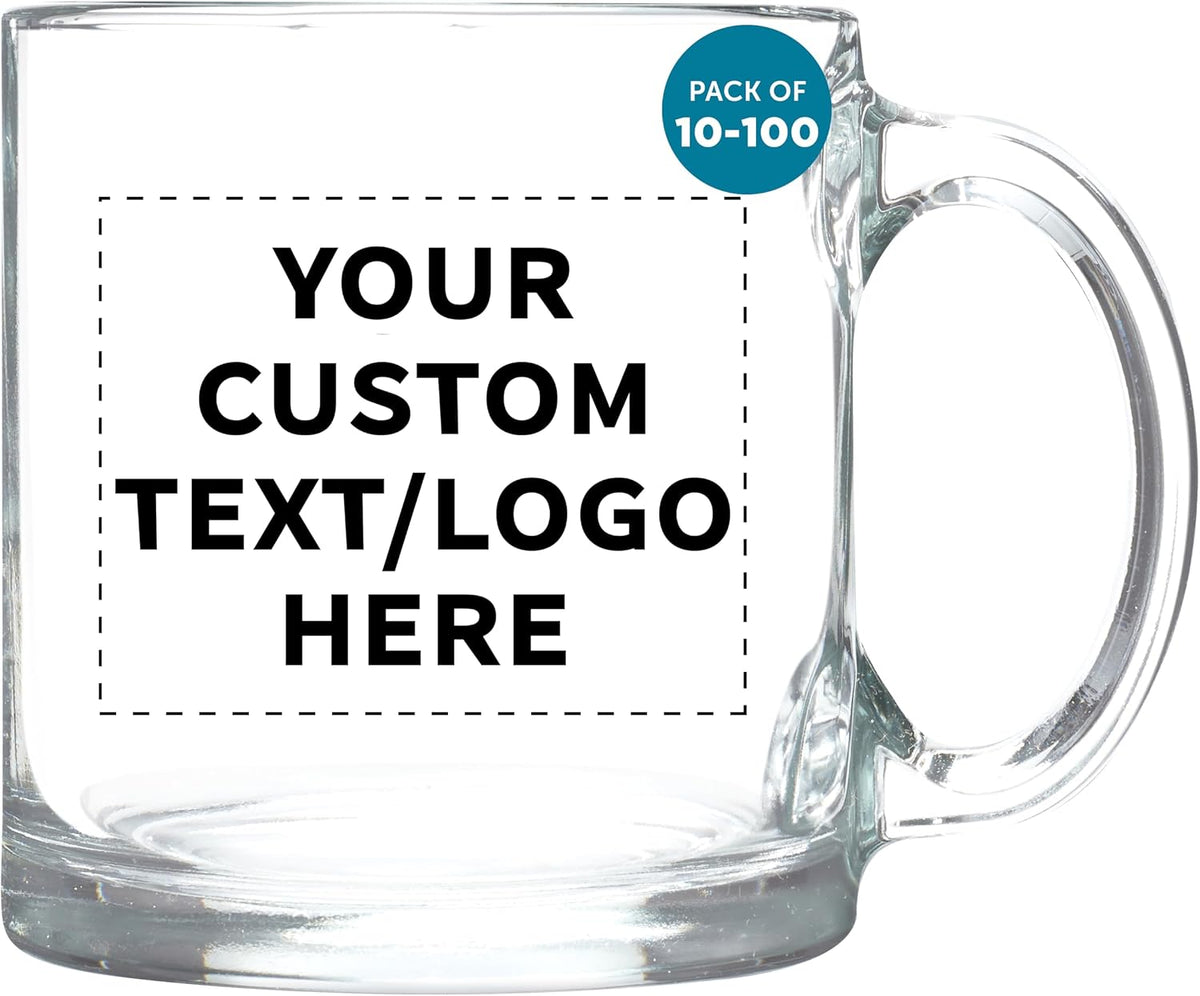DISCOUNT PROMOS Custom Clear Glass Coffee Mugs 13 oz. Set of 10/50/100, Personalized Bulk Pack - Perfect for Coffee, Tea, Espresso, Hot Cocoa, Other Beverages - Clear Bottom