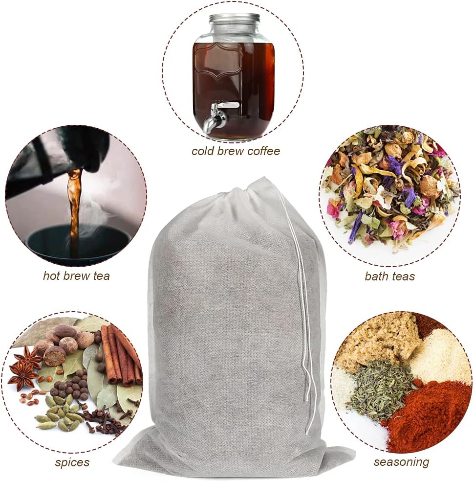 50pcs No Mess Large Cold Brew Bags, 8x12 inch Disposable Coffee Filter Bag Fine Mesh Hops Brewing Drawstring Pouches for Iced Coffee