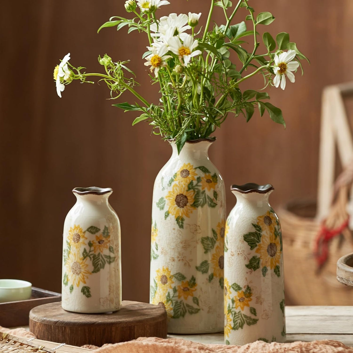 Levvohd Autumn Vintage Ceramic Vase Set of 3 for Decor Home | Rustic Farmhouse Vase Your Kitchen Bedroom Living Room Bathroom Shelf Centerpiece Table Decorations (H 9.5" + H7.7" + H5.9")