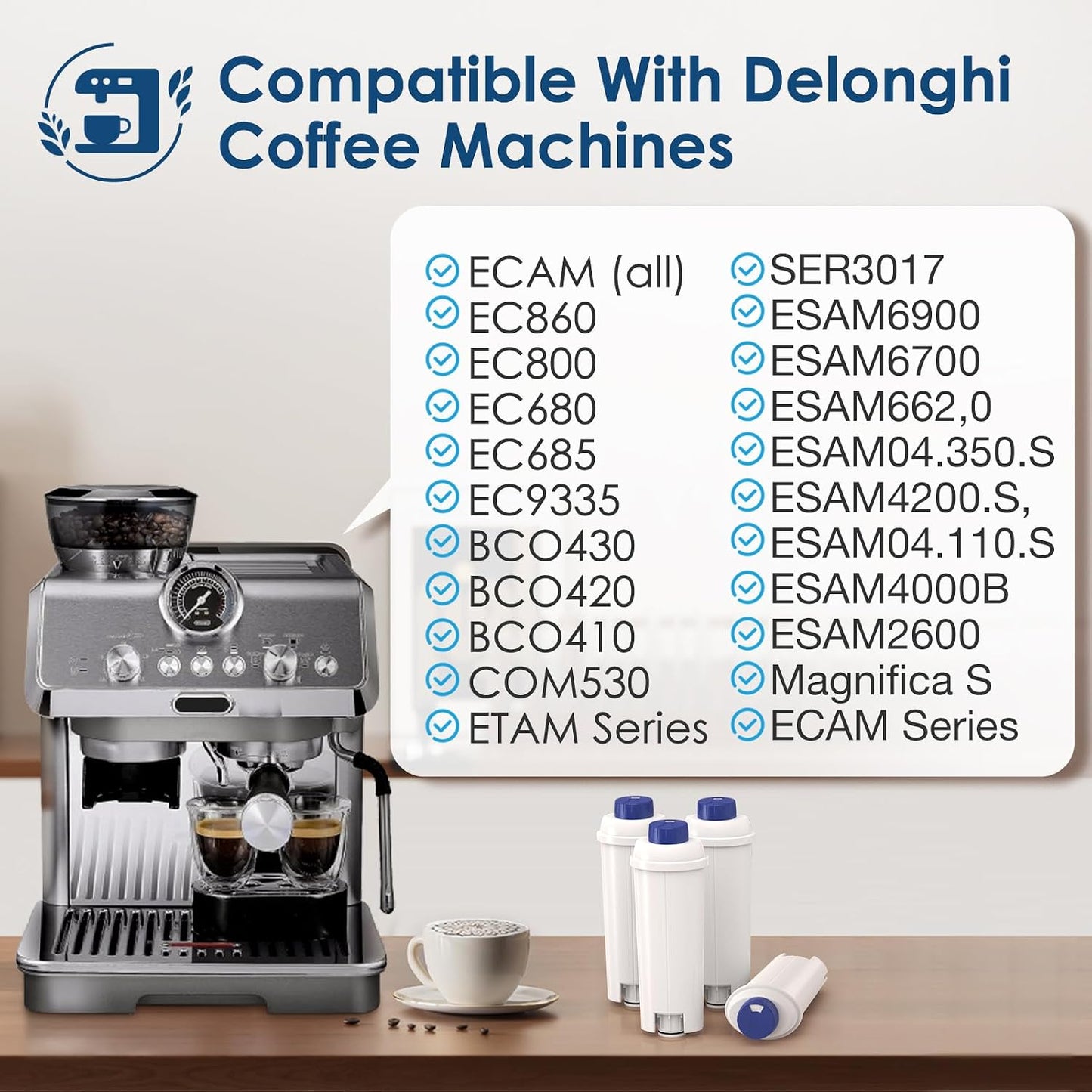 DLSC002 Water Filter Replacement For Delonghi Coffee Machine Filter | Activated Carbon Softener For De'longhi Magnifica evo, Dinamica, Eletta, ECAM, ESAM, ETAM, Bco410/420, Ec680/800, 2 Pack