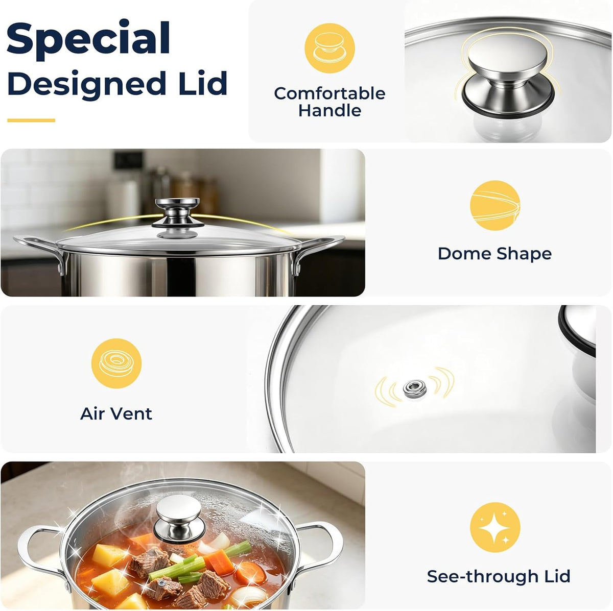 E-far 12-Quart Stock Pot, 18/10 Stainless Steel Stockpot with Lid for Cooking Simmering Soup Stew, Heavy Duty Cookware Works w/Induction, Non-toxic & Corrosion Resistant, Dishwasher Safe