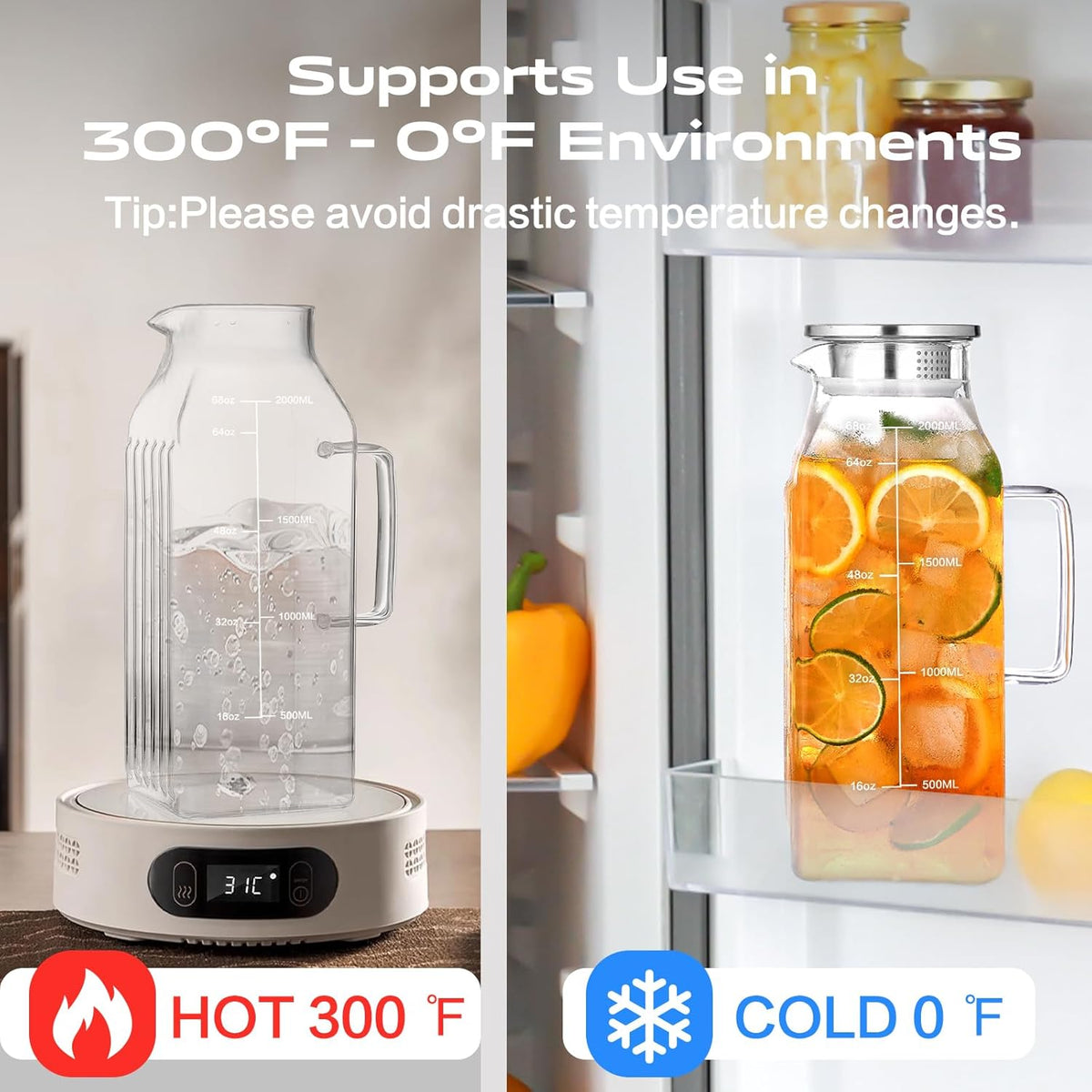 Aofmee 68oz Glass Pitcher with Lid and Handle for Fridge, Clear 2pc | Iced Tea Pitcher for Fridge, Borosilicate Glass Carafe, Sun Tea Jar, Dual Pour Stainless Lid, Dishwasher Safe