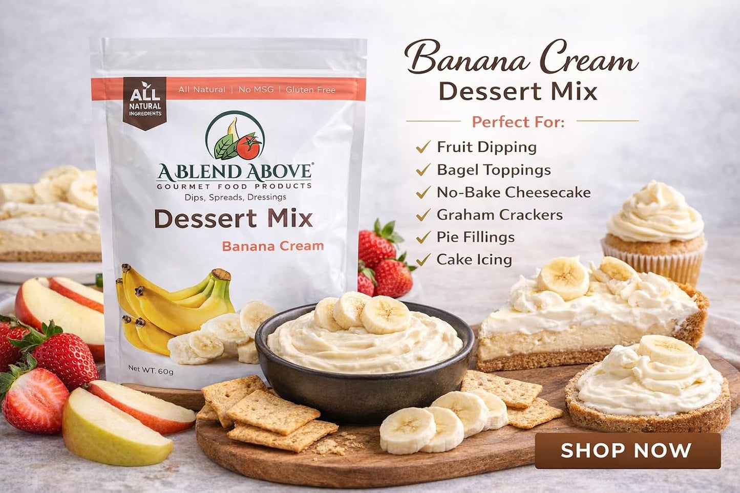 A Blend Above Banana Cream No-Bake Dessert Mix, 3 Pack, No-Bake Cheesecake, Fruit Dip, Dessert Mix, Bagel Topping, Frosting, Cheesecake Filling, Quick and Easy to Make, Makes 16 Ounces, Cream Cheese,