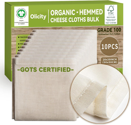 Organic Cheesecloth Bulk, GOTS Certified,10PCS,Grade 100,20x20Inch Hemmed Cheese Cloths Fabric Reusable Fine Mesh Cloth,100%