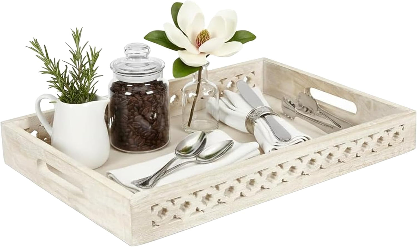 Mela Artisans Trellis Mango Wood Serving Tray - Whitewash, 16x12 in | Handcrafted wooden tray with handles for coffee table accents, kitchen countertop storage, snacks and general home decor.