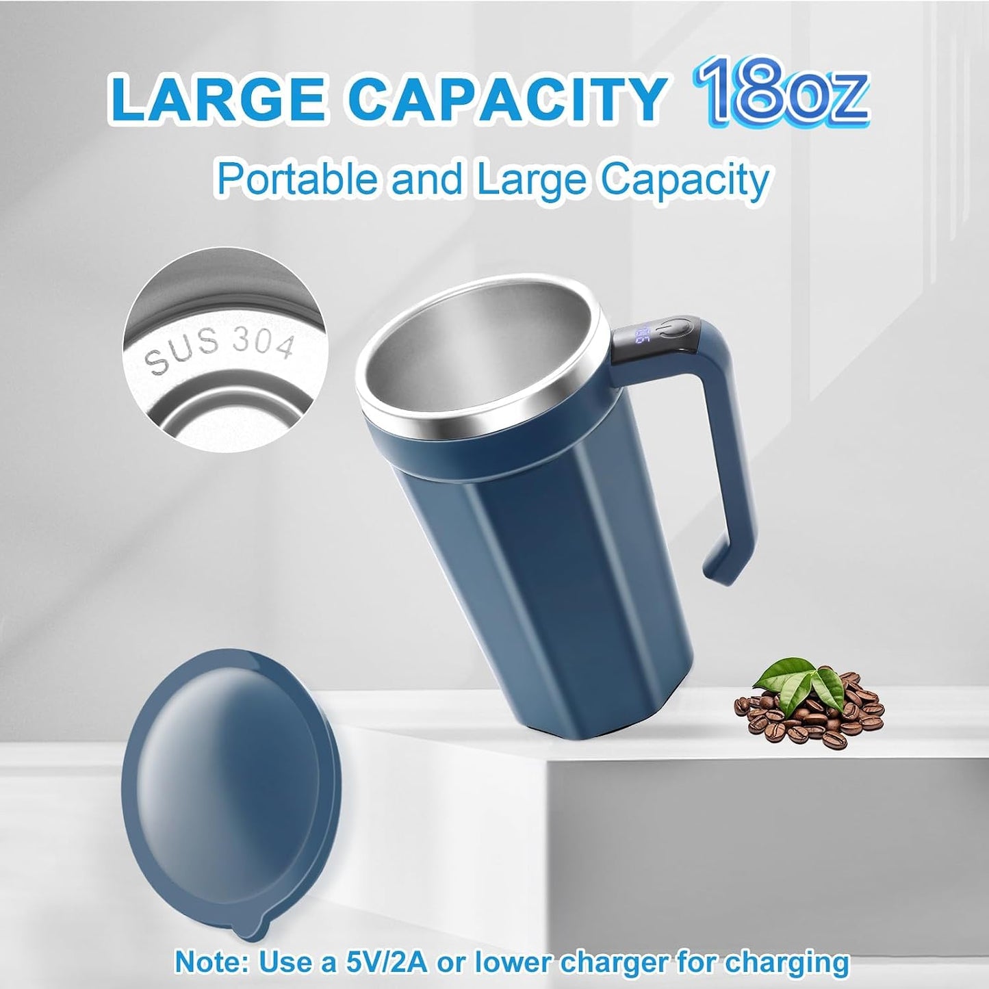 Self Stirring Mug with Temperature Display, 18oz Self Stirring Coffee Mug | Magnetic Automatic Self Stirring Cup with Lid for Coffee, Milk, Beverages, Rechargeable Electric Mixing Cup, Stainless Steel