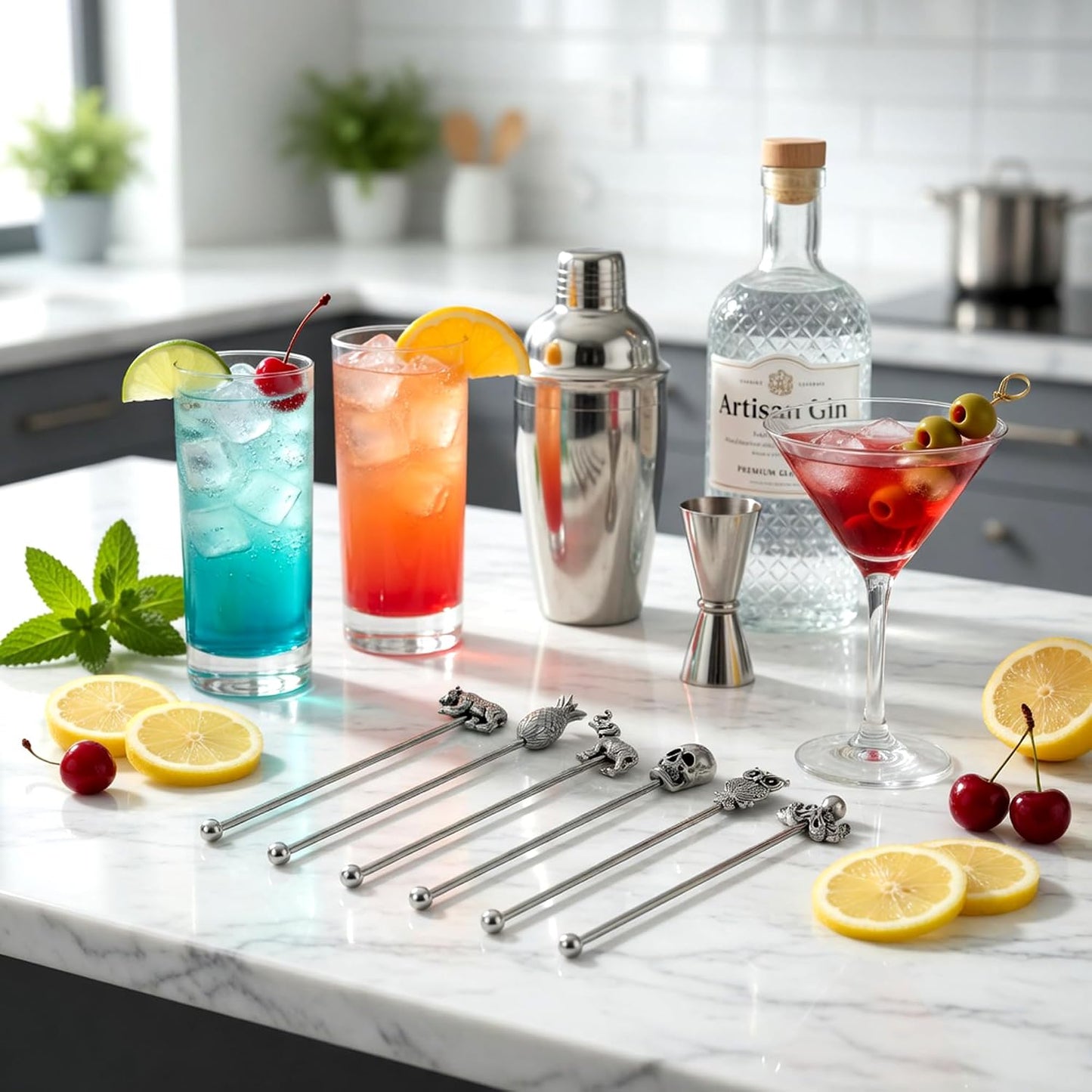 Homestia 6 Pcs 7.5 Inch Metal Stir Sticks, Swizzle Sticks Cocktail Stirrers | Reusable Stainless Steel Coffee Stirrers, Zinc Alloy Animal Head Beverage Drink Stirring Set for Bar Cafe Restaurant Home Use