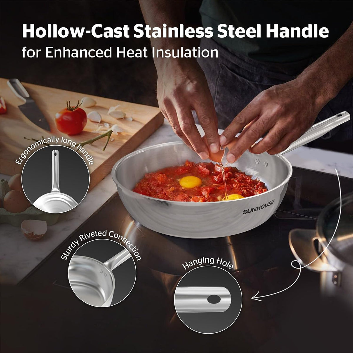 Sunhouse 18/10 10 Inch Stainless Steel Frying Pan, Whole-Clad No Coatings Skillet with Stay-cool Handle for Cooking, Durable & Oven Safe to 500°F, Dishwasher Safe, Compatible with All Cooktops