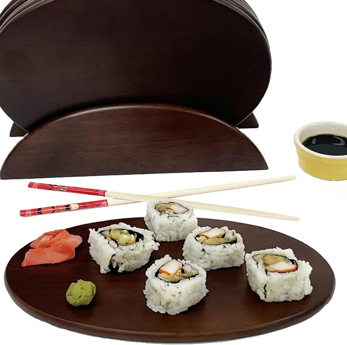 Woodard &amp; Charles Serving Boards with Stand, 7Pc Set, Walnut Stain, 10 Pack | Six Wood Serving Boards on a Display Stand; Serve Sushi, Cheese, Charcuterie, and Appetizers for Any Party or Catering Event