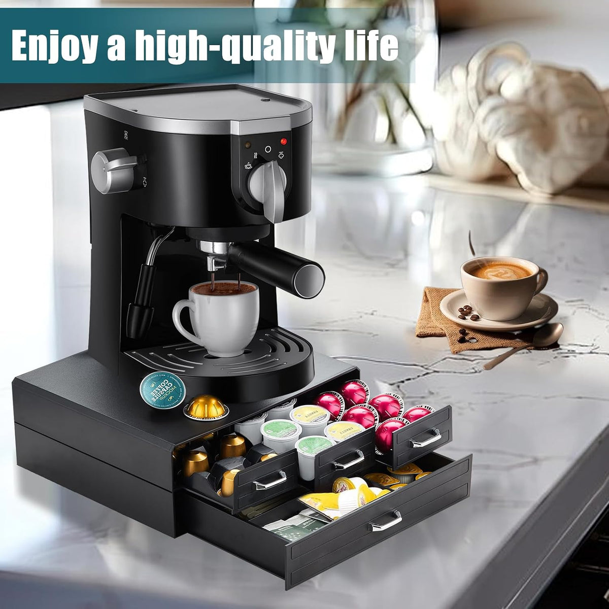 K Cup Holder Drawer 66/88 Pods Capacity, Four Drawers Design for Nespresso Pods Holder, Coffee Pod Holder Compatible With Keurig Pod Organizer&amp;Nespresso/K-Cup/Vertuo Pod Holder, Black