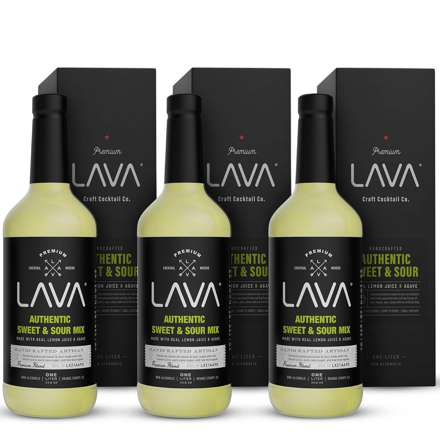 (3 Pack) LAVA Premium Authentic Sweet &amp; Sour Mix, Made with Real Lemon Juice, Lime Juice, Raw Blue Agave, No Artificial Sweeteners. Whiskey Sour, Long Island Iced Tea, Lemon Drop. 33.8oz Glass Bottles