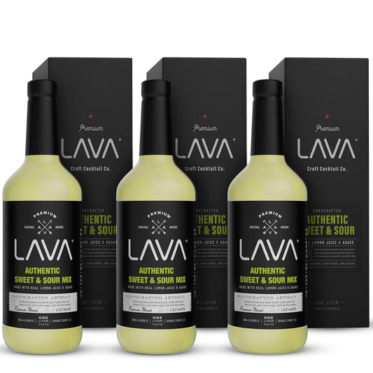 (3 Pack) LAVA Premium Authentic Sweet &amp; Sour Mix, Made with Real Lemon Juice, Lime Juice, Raw Blue Agave, No Artificial Sweeteners. Whiskey Sour, Long Island Iced Tea, Lemon Drop. 33.8oz Glass Bottles