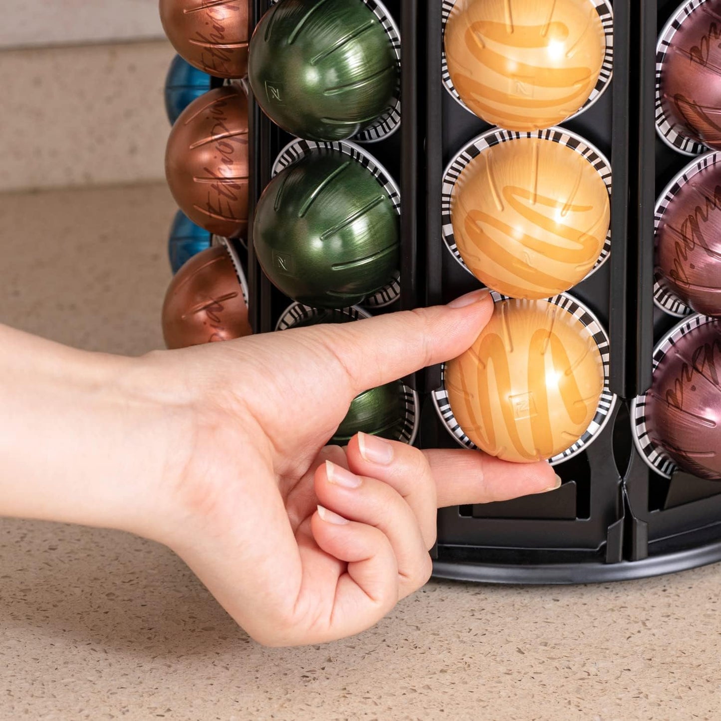 FlagShip Vertuo Pod Carousel Holder 100+ Pods Capacity Black Sturdy Metal | Maximize Save Space Heavy Duty 360° Silent Rolling Large Capacity for Nespresso Pod Organizer Fits All Size Vertuo Pod