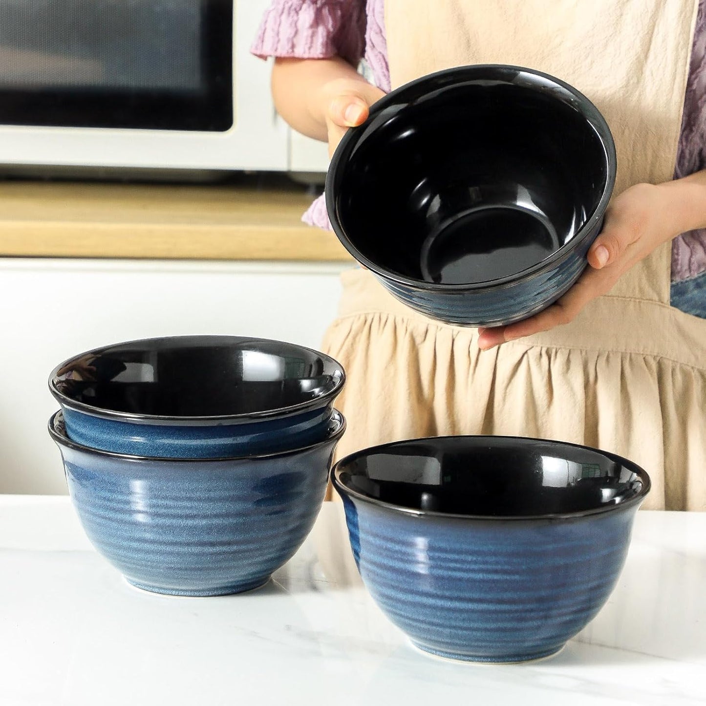 Meky Soup Bowls Set of 4,40 OZ Large Ceramic Bowls - 7 Inch Deep Bowls for Ramen, Pho, Salad, Pasta, Cereal
