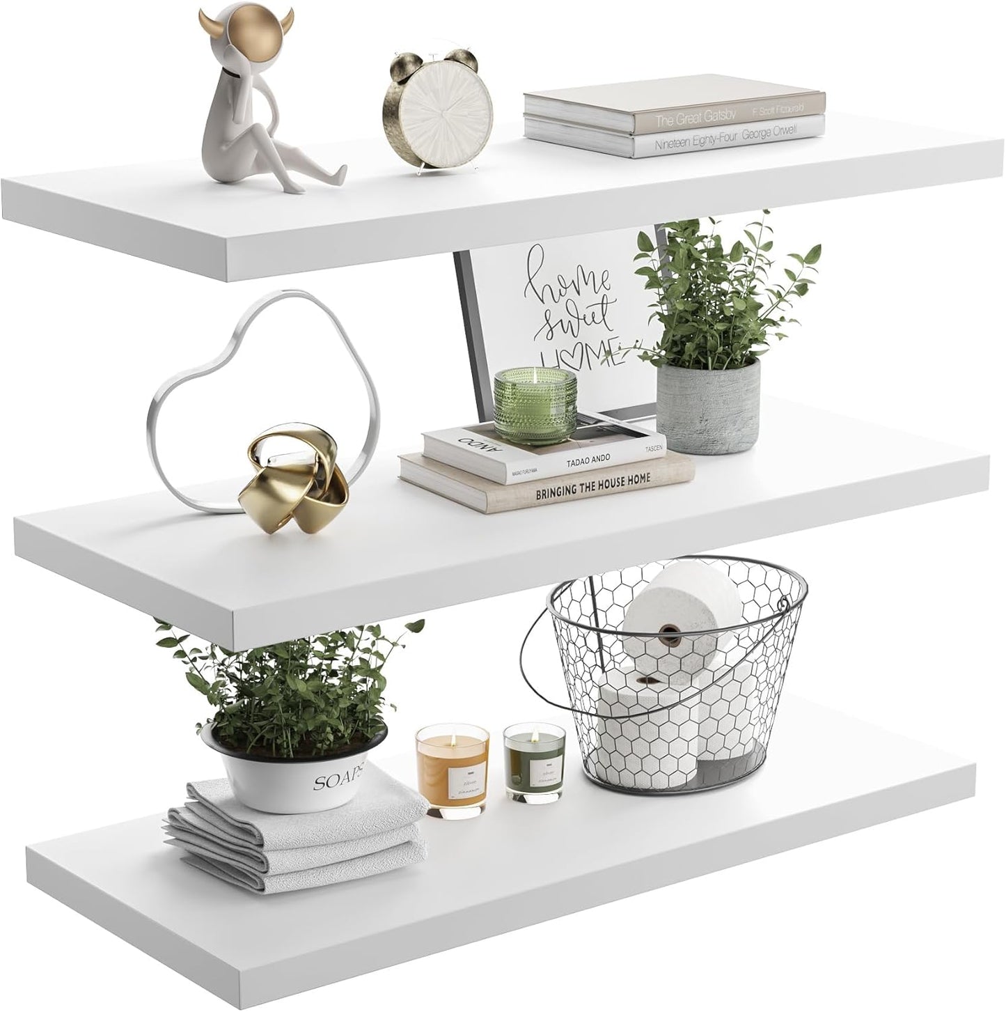 Wall Shelf Set of 3, White Floating Shelves 24 in W x 10 in D x 1 in H, Wooden Floating Wall Shelf w