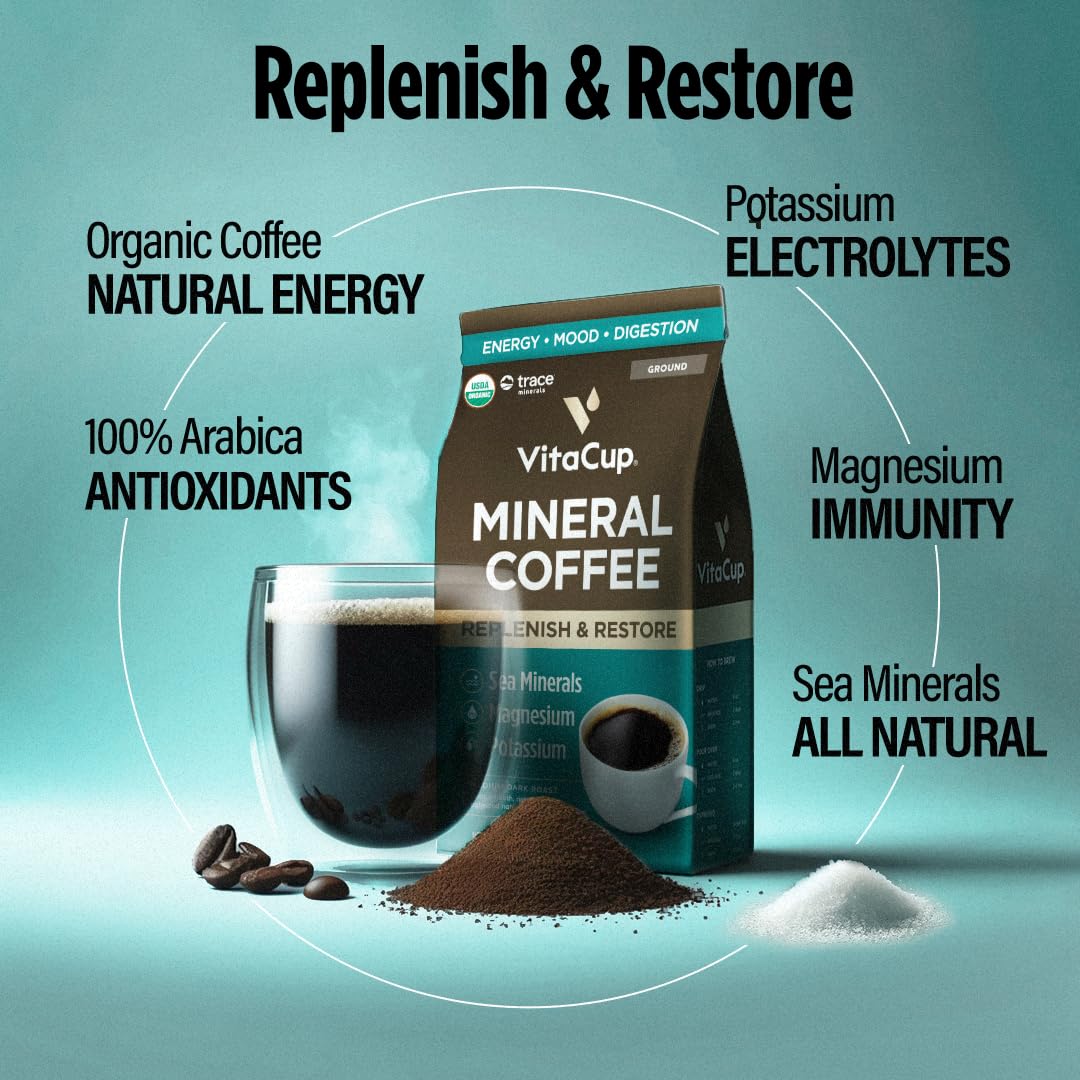 VitaCup Mineral Organic Medium Dark Roast Ground Coffee, 30oz, 3 Bags | Single Origin, Electrolytes, Sea Minerals