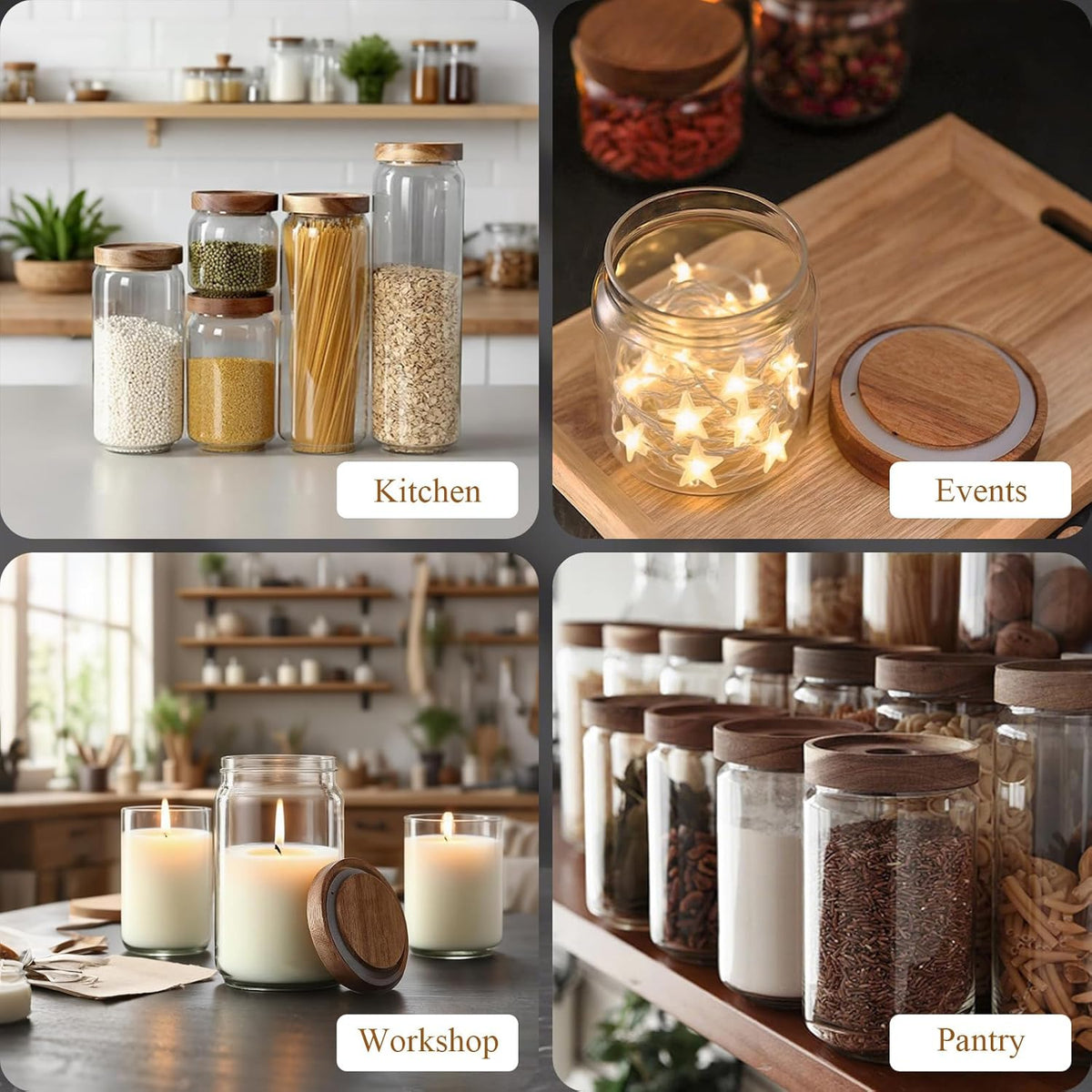 Glass Jars with Airtight Wood Lids - 12 oz Small Kitchen and Pantry Storage Containers, Canisters for Chia Seed, Ground Coffee, Sugar, Spice, Salt, Salad, Matcha, Set of 2